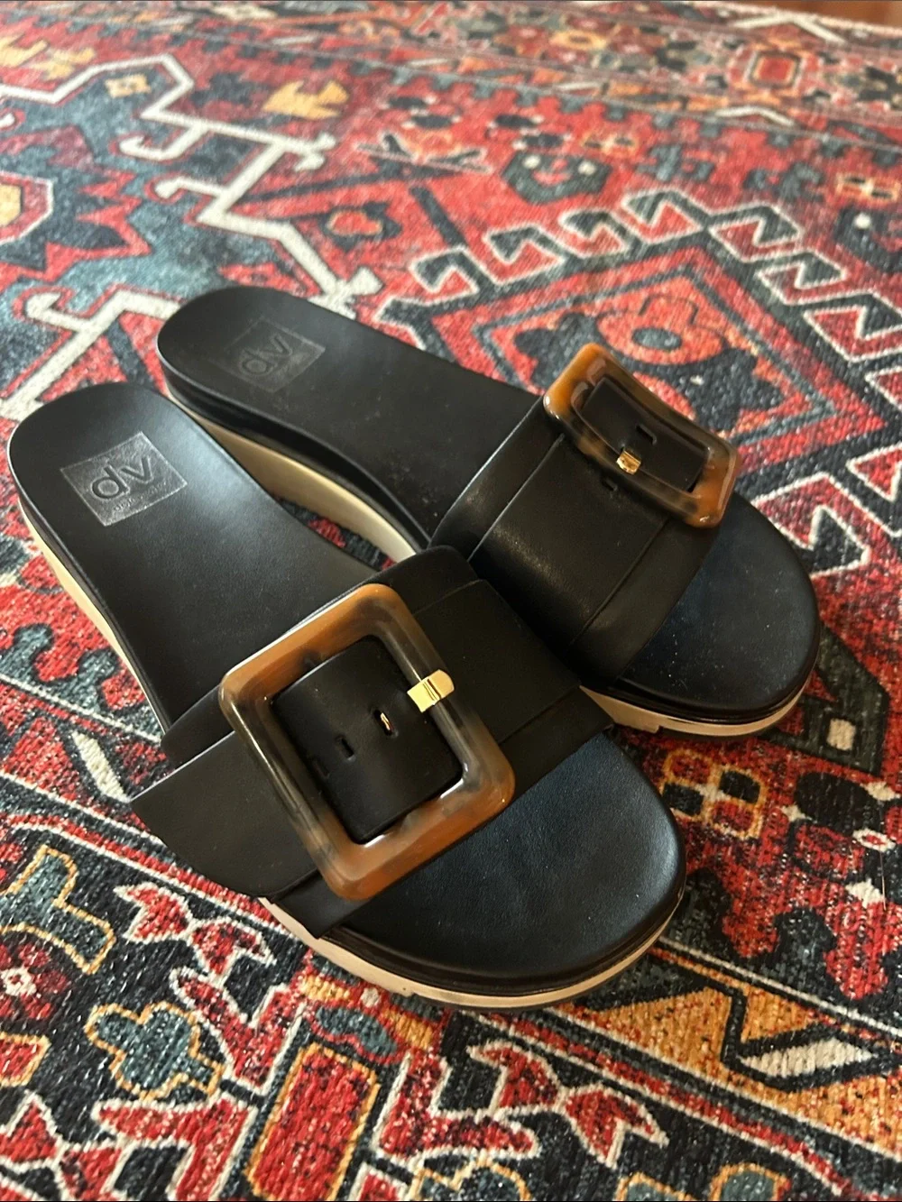 DV by Dolce Vita Black Slide Sandals with Tortoiseshell Buckle Detail - Picture 2 of 3